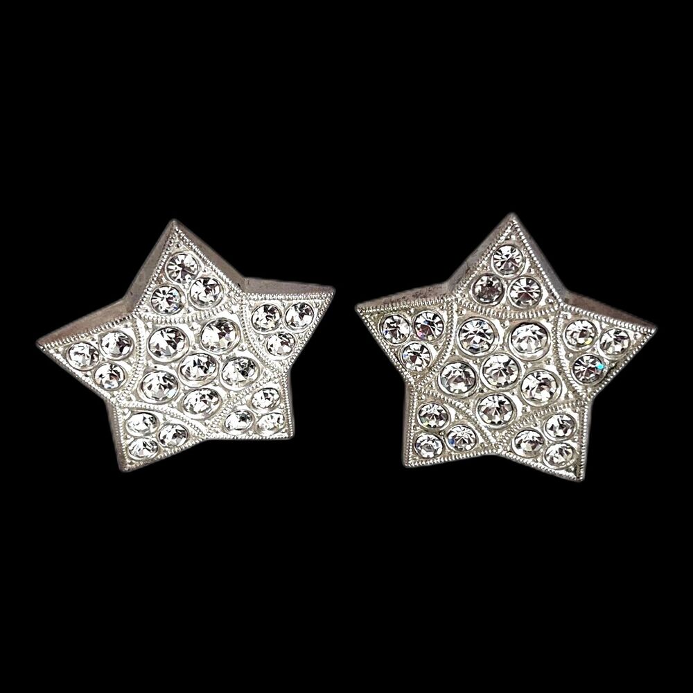 Vintage 1990s Kirks Folly Earrings Silver Tone Stars Pave Set Crystals - 12D